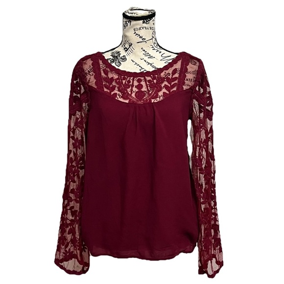 Vtg Y2k Retro Xhilaration Burgundy Lace Tunic Blouse Dark Coquette Preppy Boho L - Picture 1 of 11